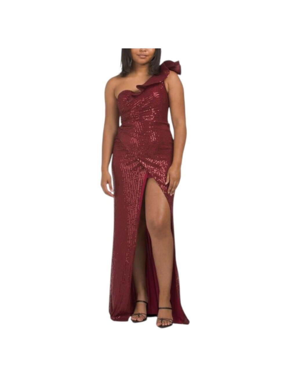Jovani One Shoulder Sequin Gown With Slit Size 00 Burgandy New With Tag